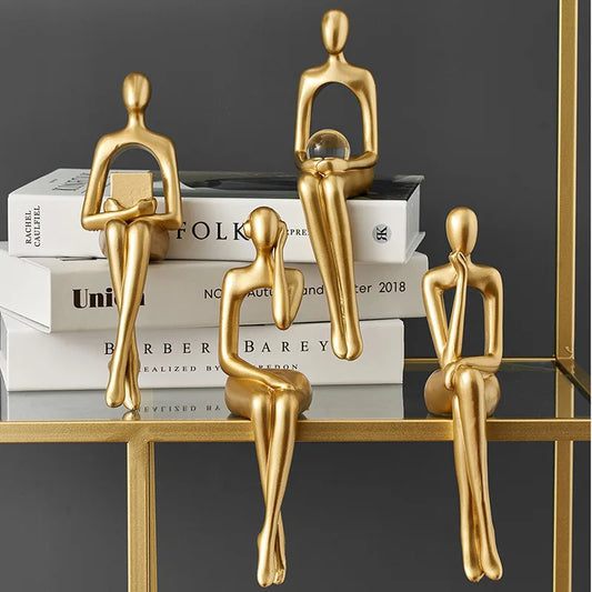 Gold Home Decor Thinker Statues Bookshelf Sculpture Decorations For Living Room Modern Figurines Shelf Table Desk Decor