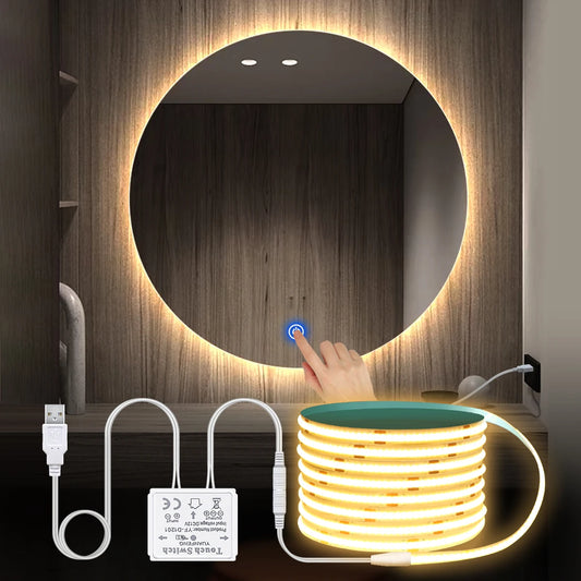Makeup Mirror Backlight Lighting COB 5V USB LED Strip Penetrate Mirror Touch Sensor Switch Dimmable Bathroom Vanity Mirror Light